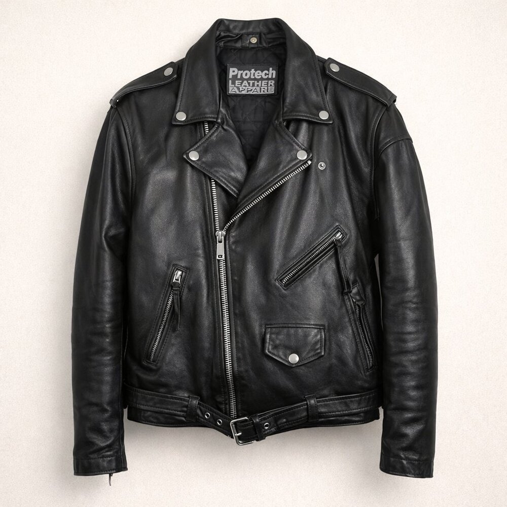 Protech Leather Apparel Vintage Black Leather Motorcycle Jacket Size 46
